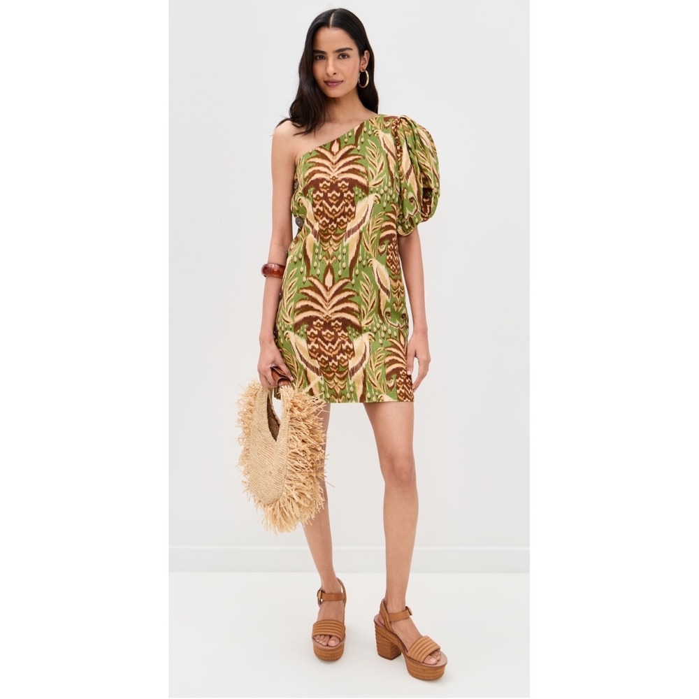 FARM Rio x Anthropologie One Shoulder Buttoned Mini Dress Pineapple Green NWT